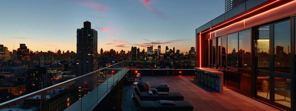 a modern urban rooftop showcases advanced shingle roofing techniques with sleek solar-ready shingles and innovative weather-resistant materials, illuminated by dynamic artificial lighting against a twilight skyline.