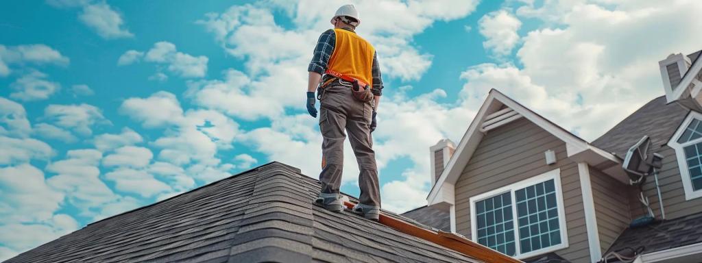 a professional roofer meticulously inspects a freshly installed shingle roof on a modern suburban home, surrounded by neatly stacked materials and a vibrant blue sky above.