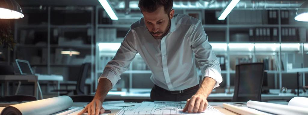 a professional roofing contractor reviews detailed renovation plans on a sleek conference table, surrounded by samples of asphalt shingles and metal flashing in a modern office setting, illuminated by bright overhead lights that emphasize the seriousness of quality workmanship.