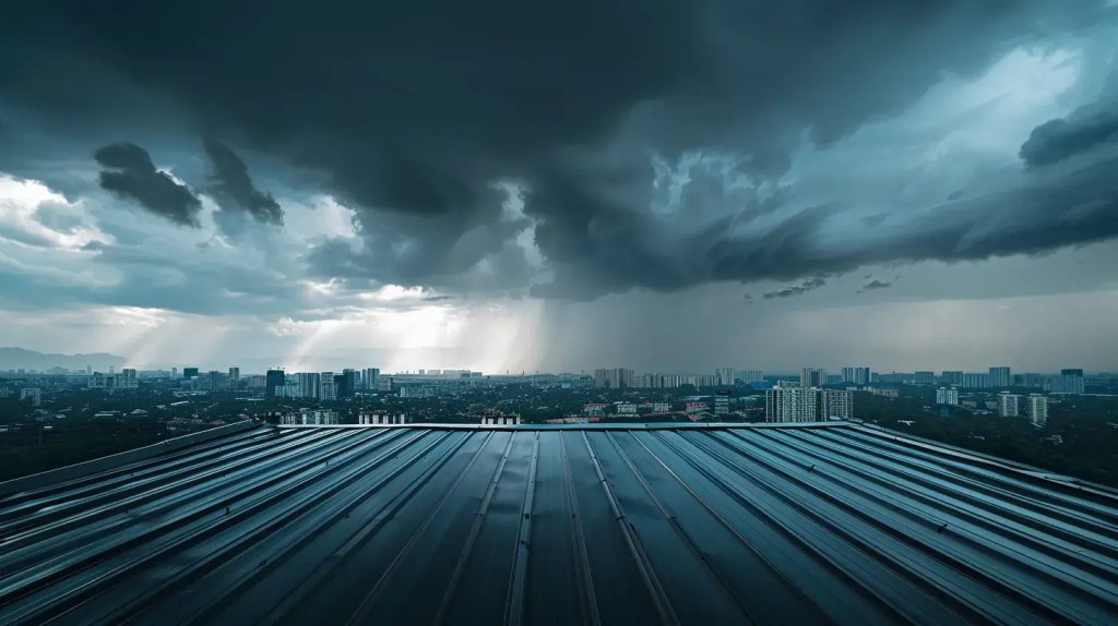 a robust metal roof gleams under dark storm clouds, showcasing its resilience against fierce winds and heavy rain while surrounded by an urban skyline in the background.