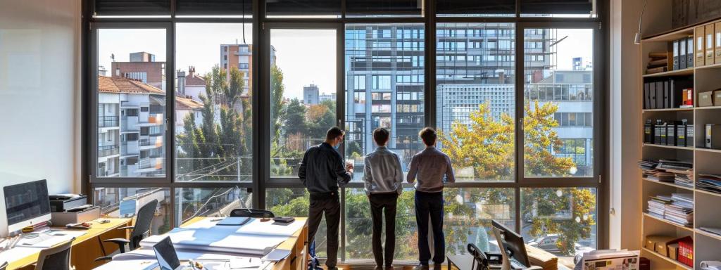 a sharp, focused view of a bustling urban roofing company office, featuring a professional team engaged in detailed discussions over blueprints and material samples, with a large window showcasing an ongoing roof replacement project in the background.