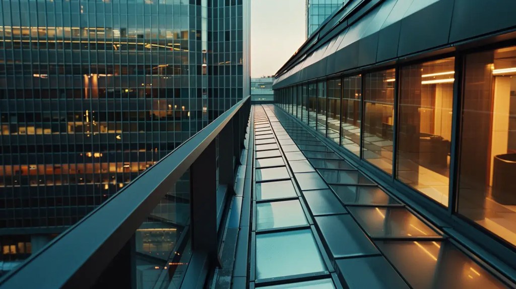 a sleek, modern office space showcases a striking side-by-side comparison of a gleaming metal roof and traditional asphalt shingles, illuminated by focused overhead lighting to emphasize their contrasting durability and resilience.