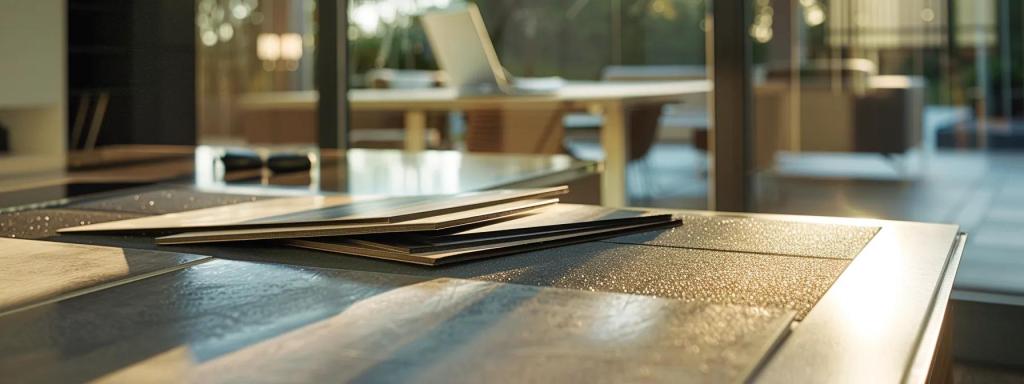 a sleek, professional roofing company office showcases an array of high-performance asphalt shingles displayed prominently on a modern table, each with detailed specifications, including wind-resistance ratings and impact classifications, under the bright, focused lighting of the workspace.
