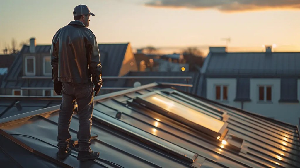 a well-organized residential rooftop inspection setup features a professional examining the gleaming metal roof under directed artificial lighting, showcasing essential tools for cleaning and maintenance while emphasizing the importance of preserving roof integrity.