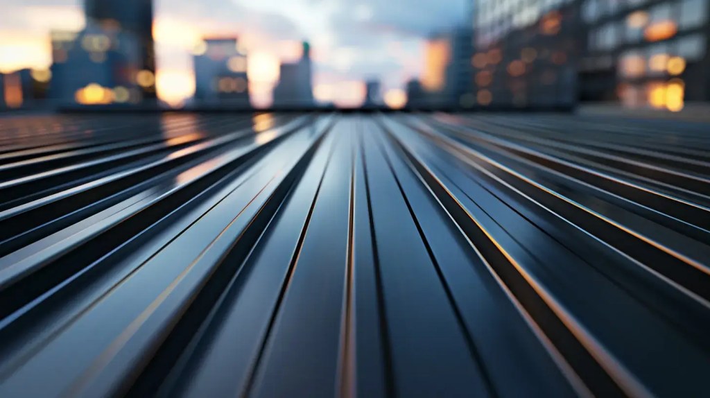 a close-up view of a robust, gleaming metal roof showcasing its resilience, highlighted by dramatic overhead lighting that emphasizes its sleek surface while contrasting against a stark urban skyline in the background.