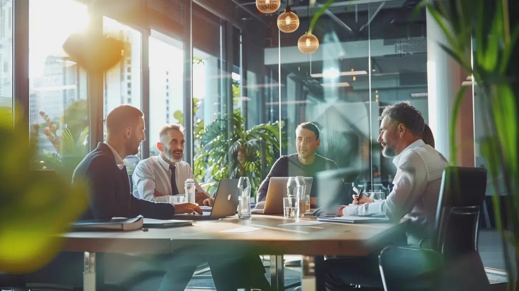a modern office showcasing a sleek meeting room with a large metal roof sample prominently displayed on a stylish conference table, surrounded by professionals engaged in a discussion about durability and design features.