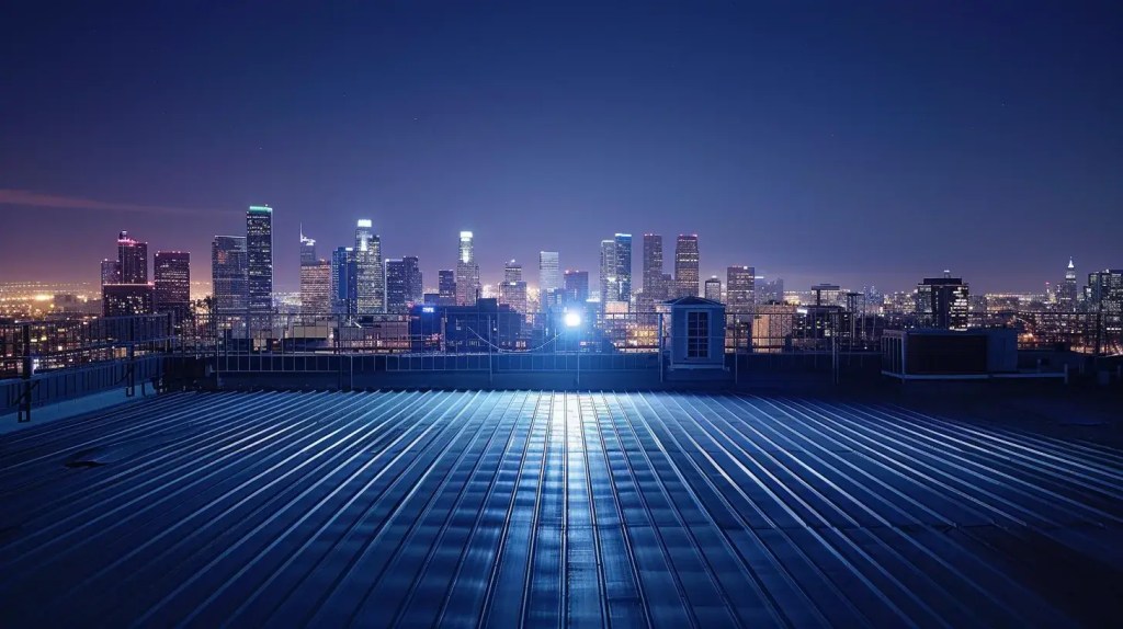 a striking urban rooftop scene showcasing a gleaming metal roof glistening under bright artificial lights, contrasted against a city skyline that highlights its unmatched durability and modern architectural sophistication.