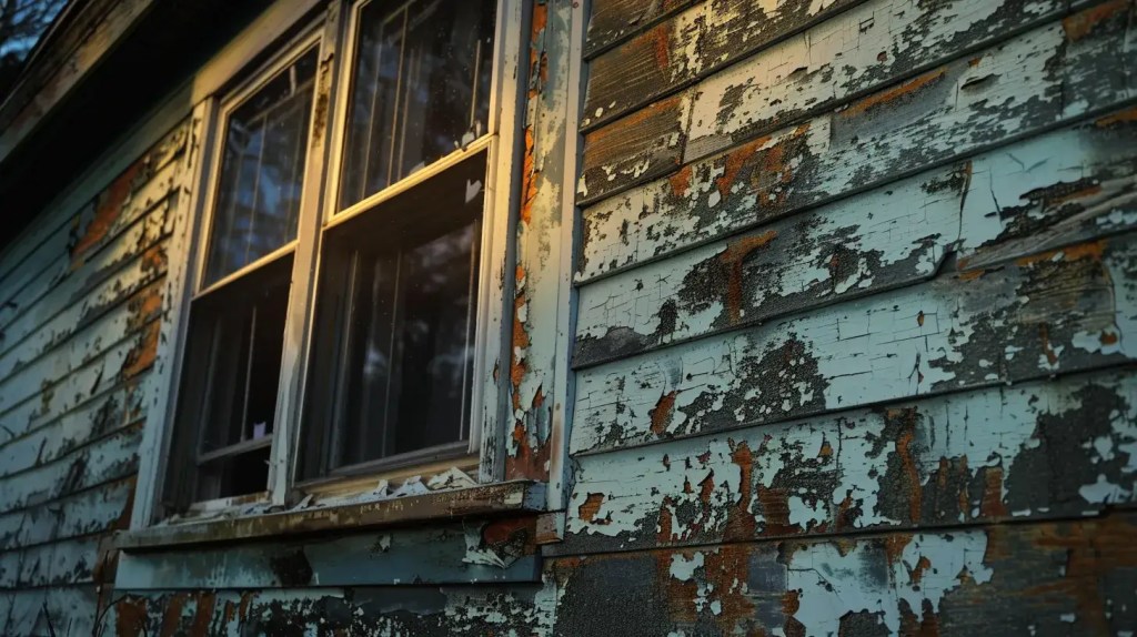 a detailed view of a home exterior showcasing visible moisture damage with dark mold and peeling paint around the windows, under harsh artificial lighting, highlighting the importance of addressing siding issues.