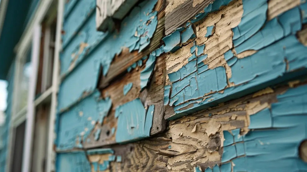 a close-up view of a house's damaged siding, highlighting visible cracks, warped panels, and signs of pest activity amidst an urban neighborhood backdrop, illustrating the urgent need for siding repair.