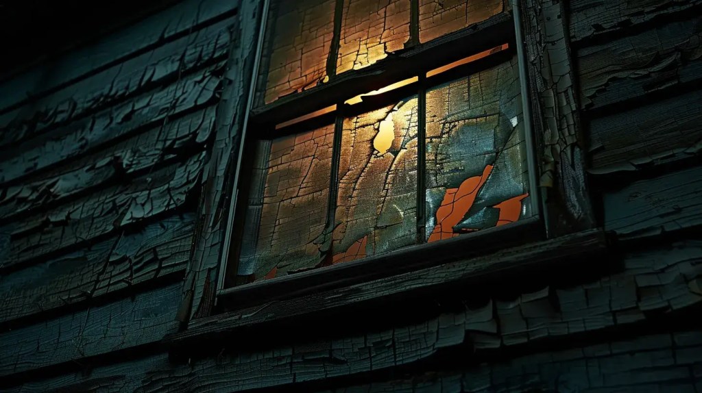 a close-up view of a weathered home’s siding showcasing visible cracks and peeling paint, illuminated by focused interior lighting, emphasizing the urgent need for repairs in an urban residential setting.