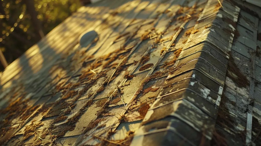 a close-up view of a weathered home exterior showcases rusted nails and exposed seams in siding panels, emphasizing structural concerns with dramatic shadows cast by overhead lights, highlighting the urgency for maintenance and repair.