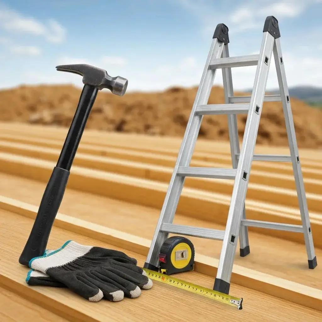 Essential tools for roof deck preparation, including a roofing hammer and utility knife, laid out on a wooden surface