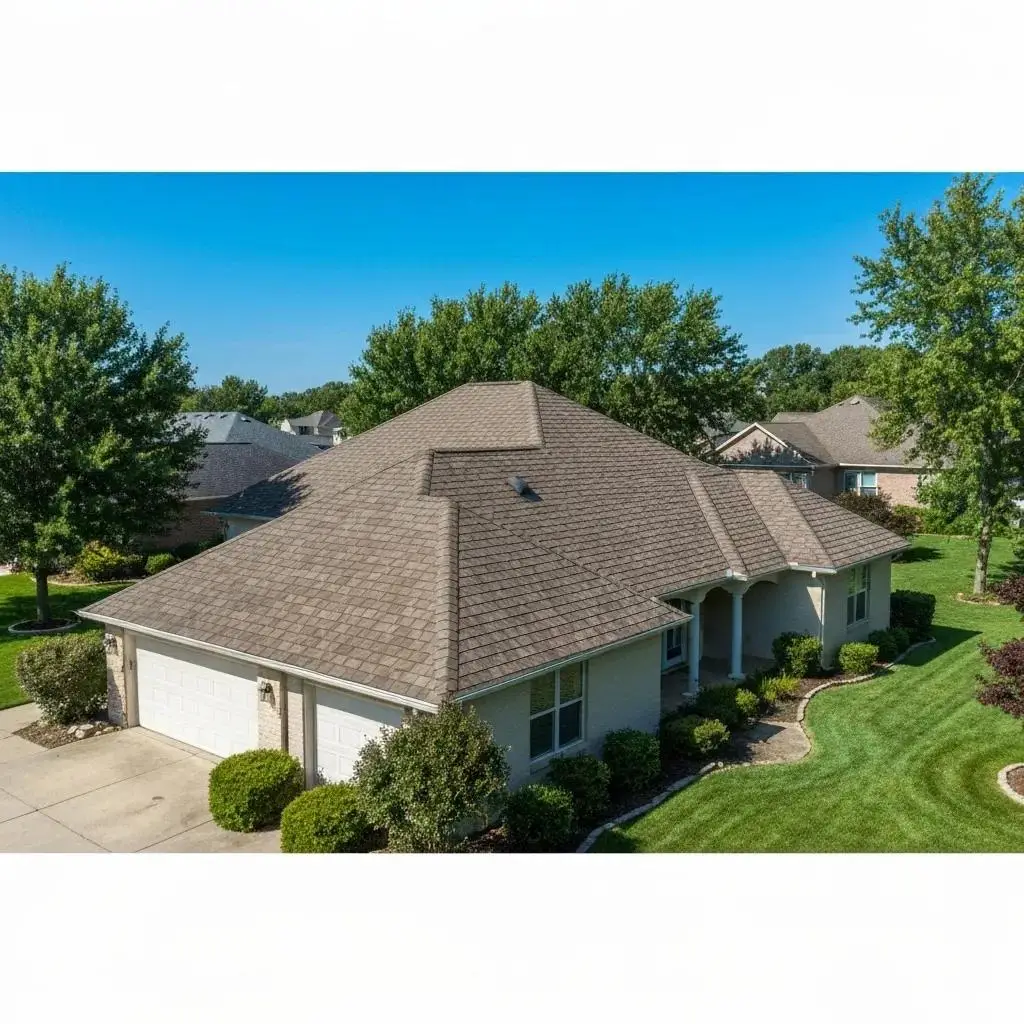 Newly installed asphalt shingle roof on a suburban home, highlighting durability and curb appeal