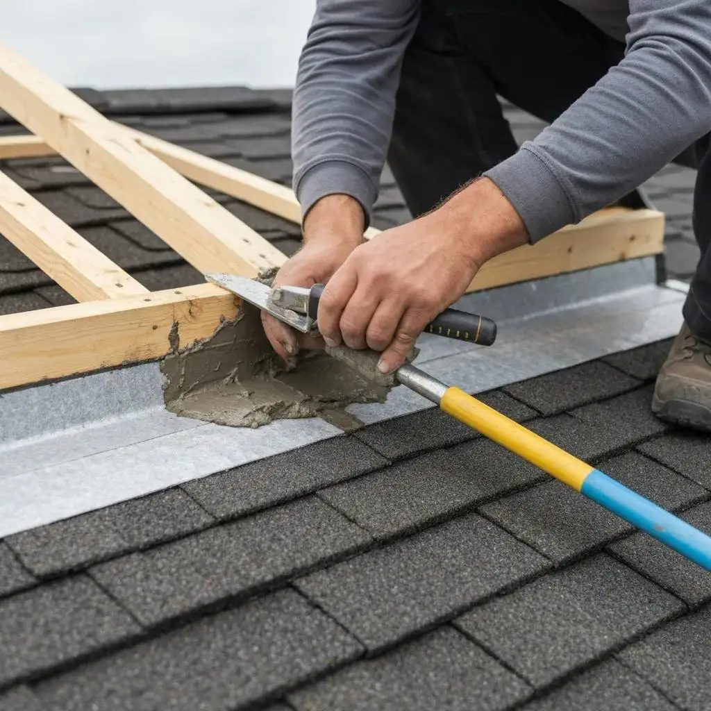 A professional roofer carefully installing flashing around a chimney, highlighting the importance of detailed waterproofing techniques